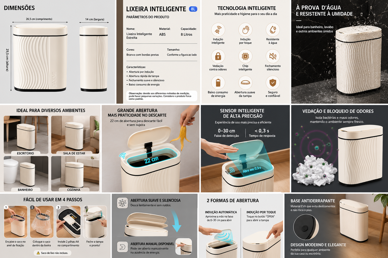 Lixeira Inteligente Sensor Slim — Automática Estreita com Tampa para Banheiro Espaços Pequenos