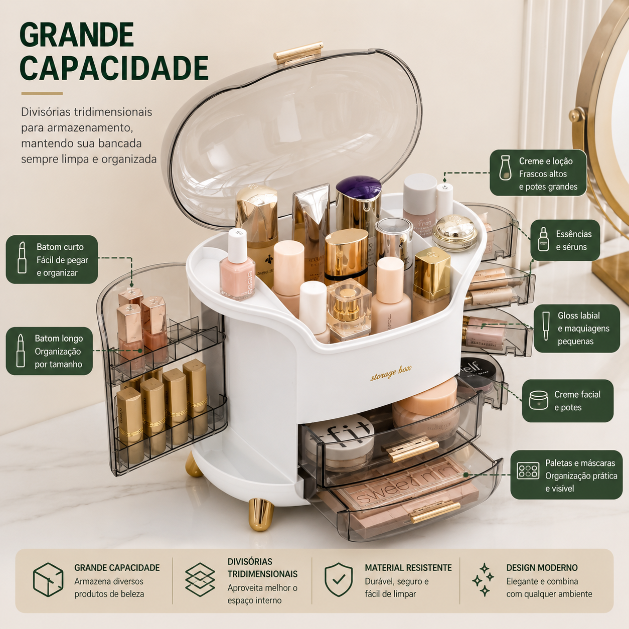 Organizador de Maquiagem em Acrílico — Cosméticos, Joias e Acessórios para Mesa e Banheiro