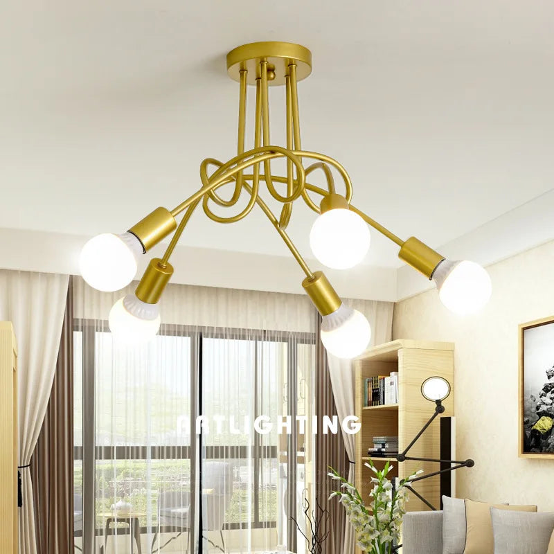Lustre Retrô de Ferro Forjado LED — Luminária de Teto Preta e Branca para Sala
