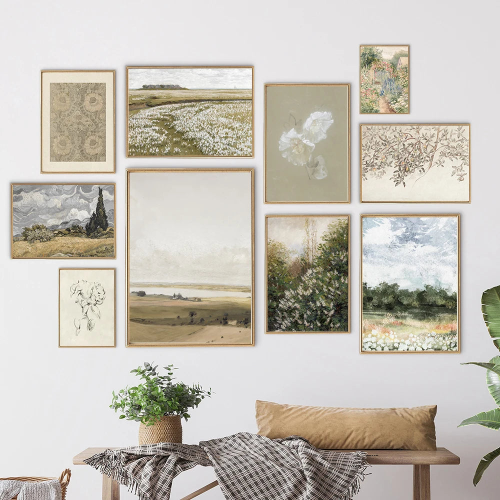 Quadro Decorativo Paisagem Verde Vintage — Arte Estilo Fazenda para Sala