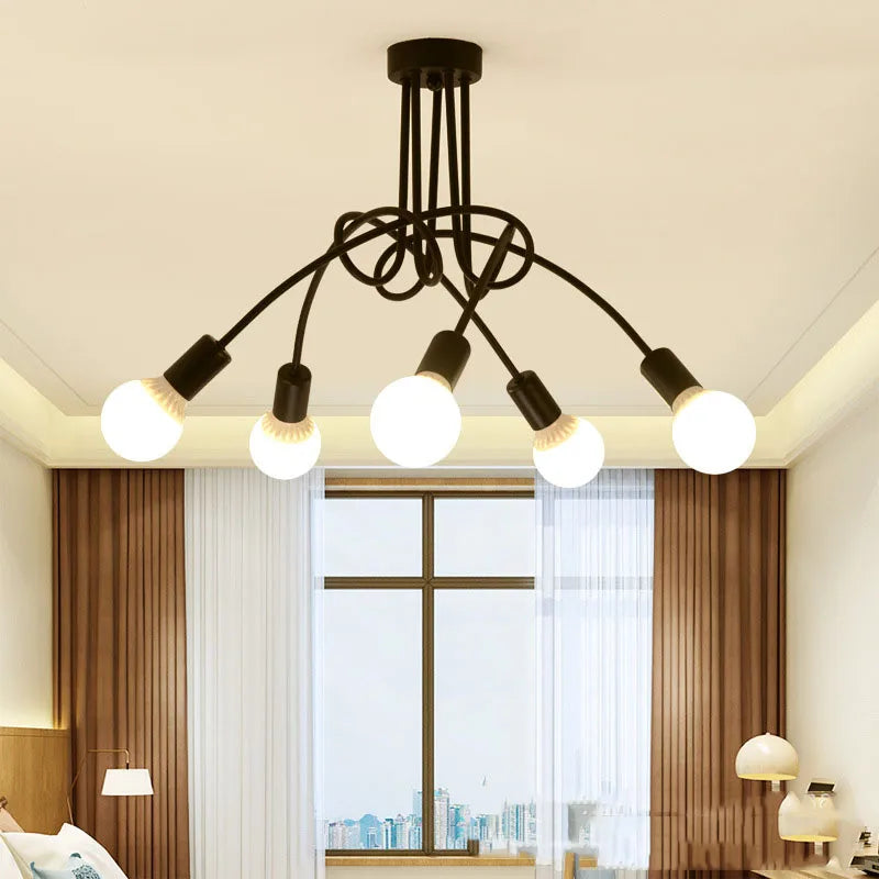 Lustre Retrô de Ferro Forjado LED — Luminária de Teto Preta e Branca para Sala