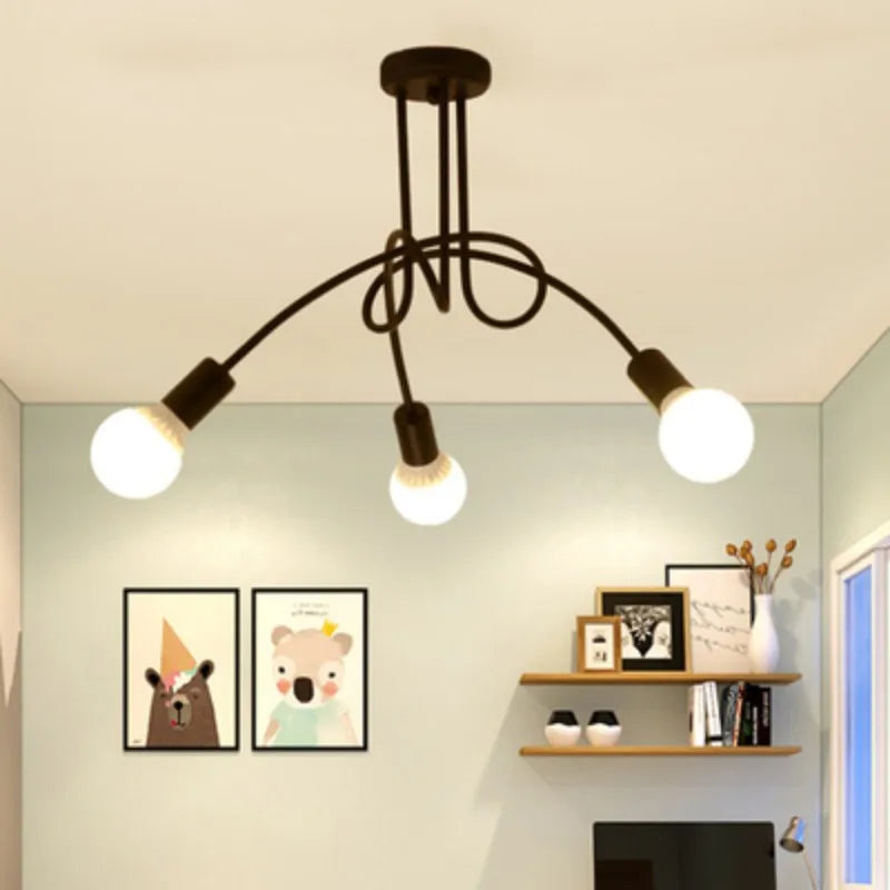 Lustre Retrô de Ferro Forjado LED — Luminária de Teto Preta e Branca para Sala