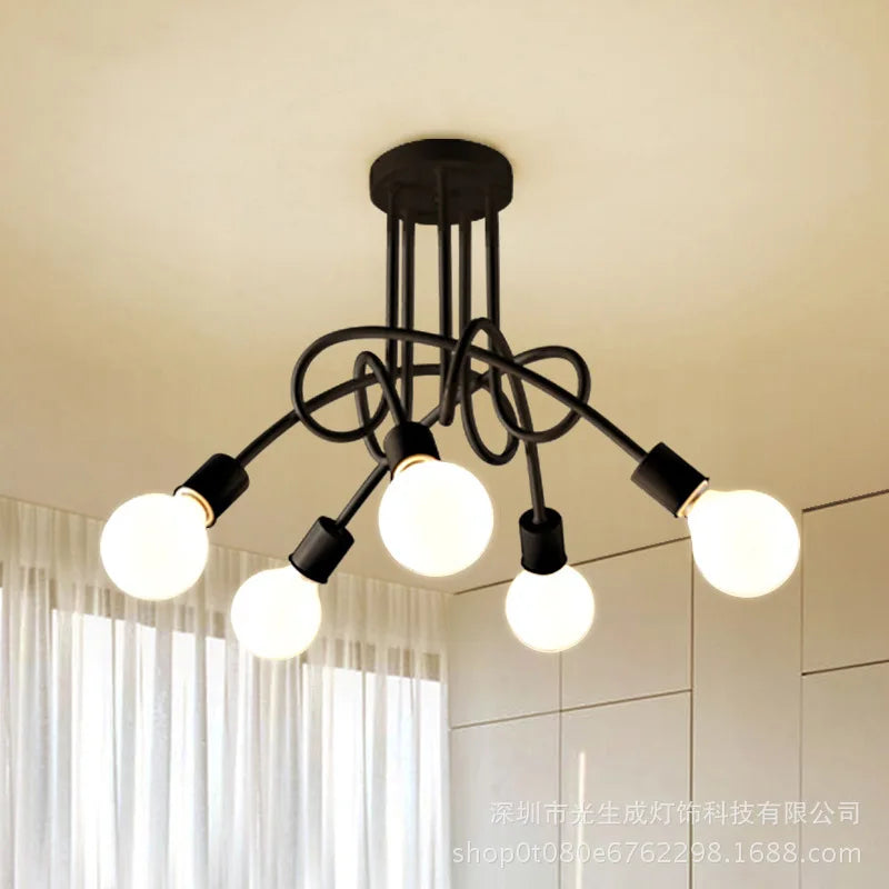 Lustre Retrô de Ferro Forjado LED — Luminária de Teto Preta e Branca para Sala