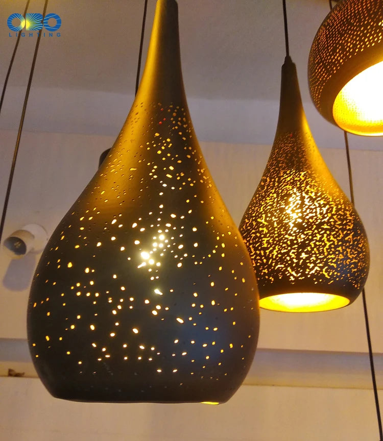 Pendente Vintage Preto com Abajur Gravado — Luminária E27 Estilo Americano para Bar e Restaurante