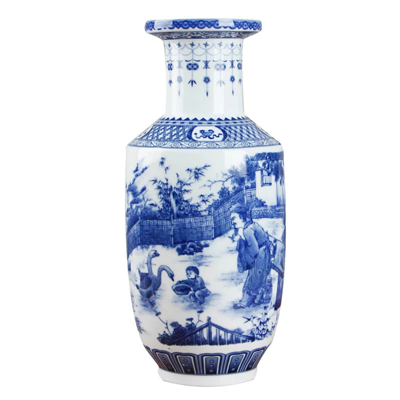 Vaso de Cerâmica Azul e Branco Estilo Chinês — Vaso de Porcelana Decorativo para Mesa