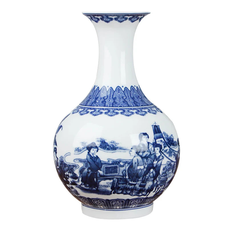 Vaso de Cerâmica Azul e Branco Estilo Chinês — Vaso de Porcelana Decorativo para Mesa
