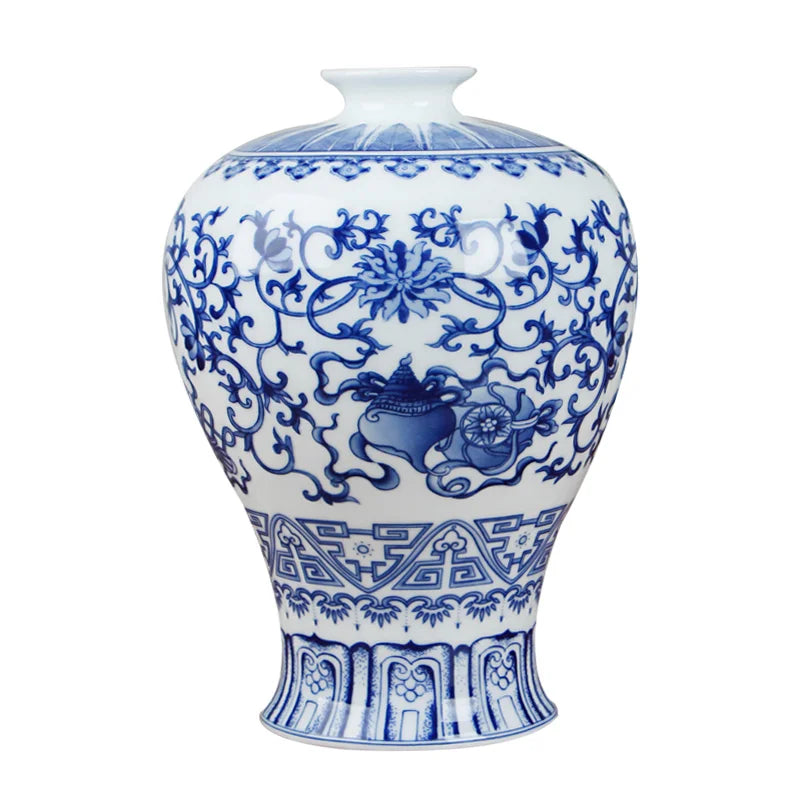 Vaso de Cerâmica Azul e Branco Estilo Chinês — Vaso de Porcelana Decorativo para Mesa