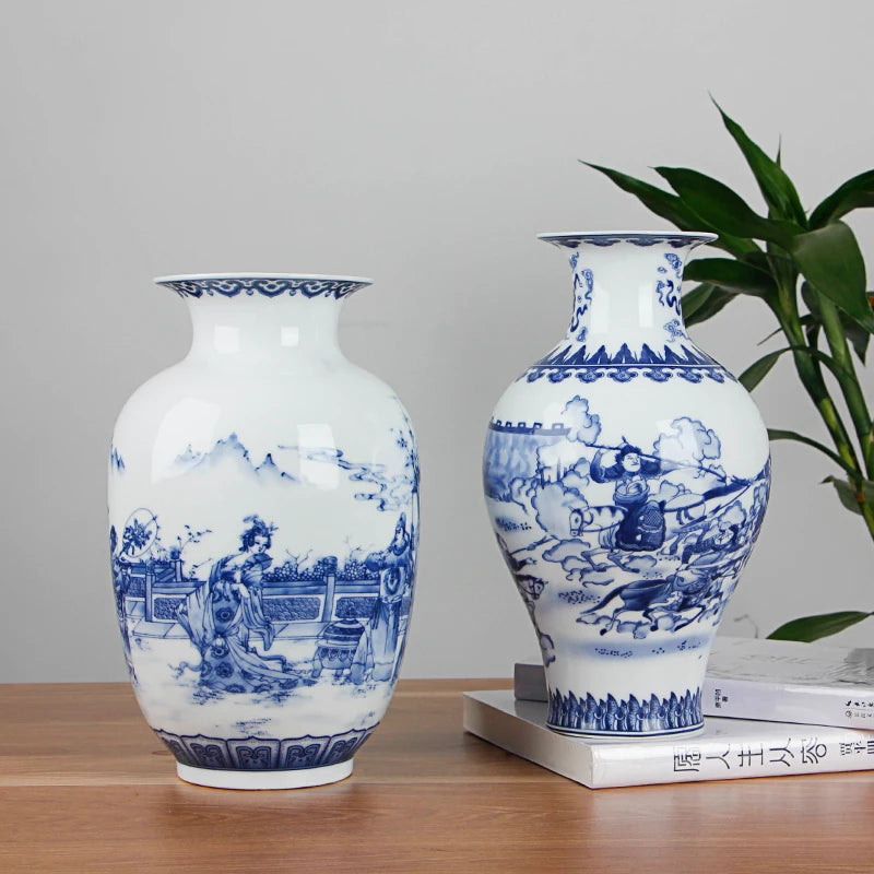 Vaso de Cerâmica Azul e Branco Estilo Chinês — Vaso de Porcelana Decorativo para Mesa