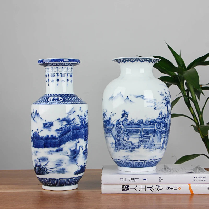 Vaso de Cerâmica Azul e Branco Estilo Chinês — Vaso de Porcelana Decorativo para Mesa