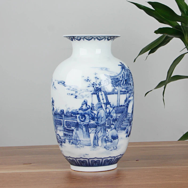 Vaso de Cerâmica Azul e Branco Estilo Chinês — Vaso de Porcelana Decorativo para Mesa