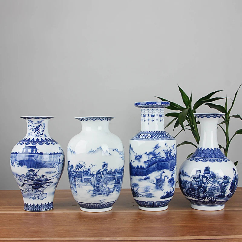 Vaso de Cerâmica Azul e Branco Estilo Chinês — Vaso de Porcelana Decorativo para Mesa