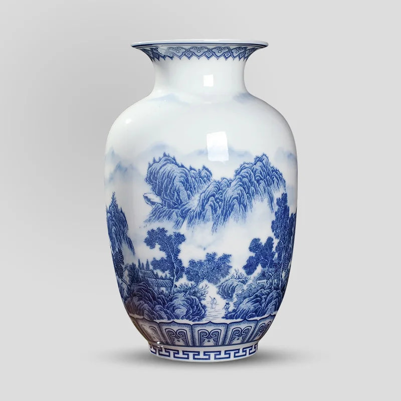 Vaso de Cerâmica Azul e Branco Estilo Chinês — Vaso de Porcelana Decorativo para Mesa