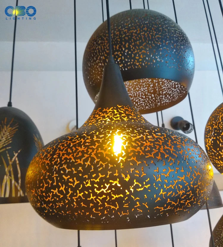 Pendente Vintage Preto com Abajur Gravado — Luminária E27 Estilo Americano para Bar e Restaurante