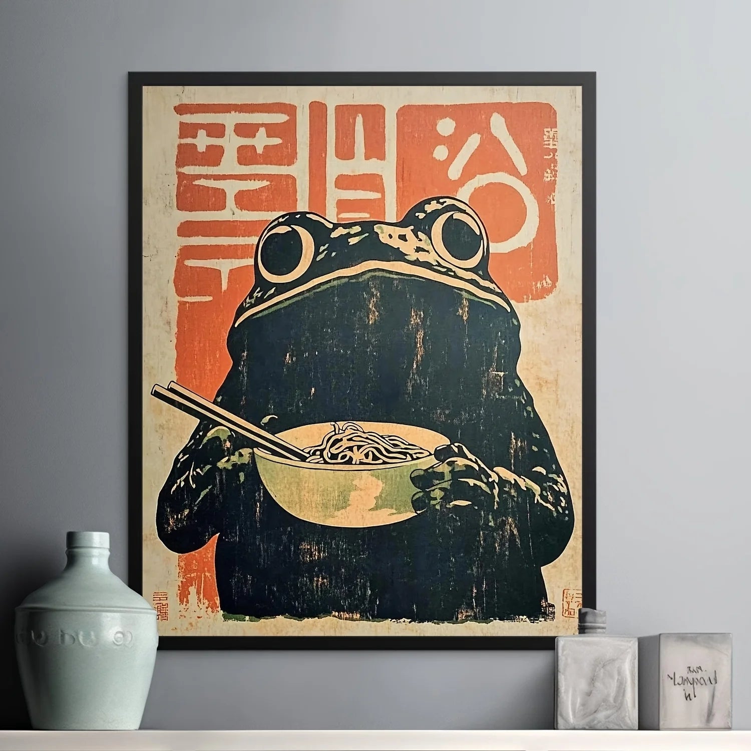 Quadro Canvas Arte Japonesa Retrô — Sapo Comendo Ramen Decoração Sem Moldura