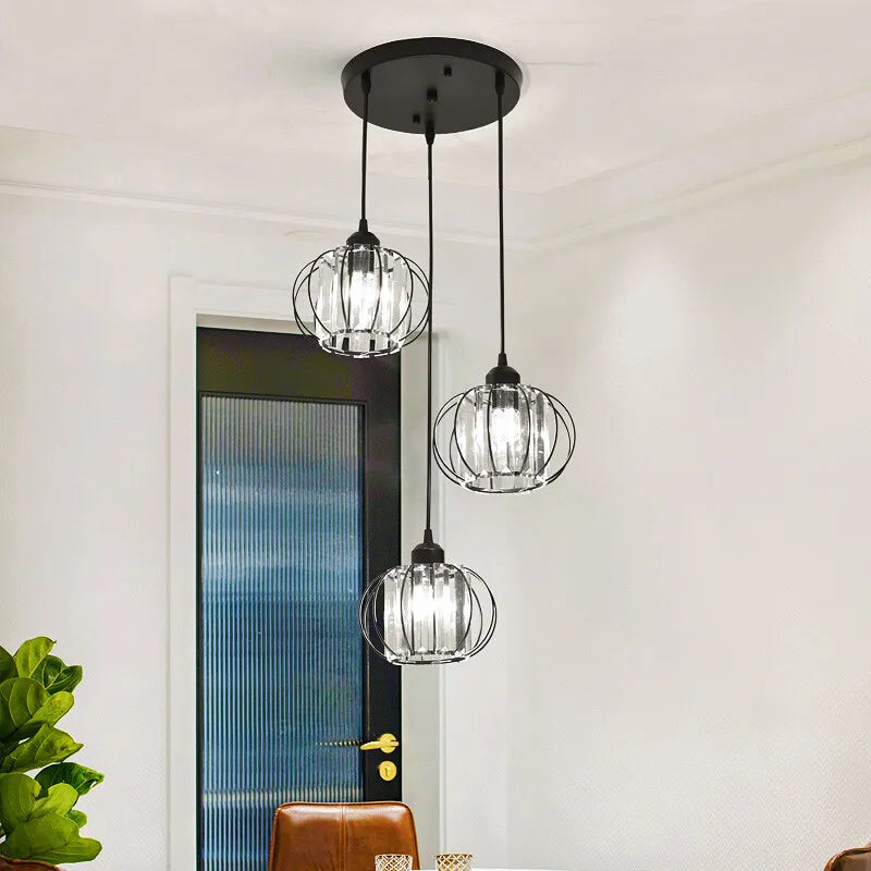 Lustre de Cristal LED Pendente — Luminária Nórdica Preta para Sala de Jantar