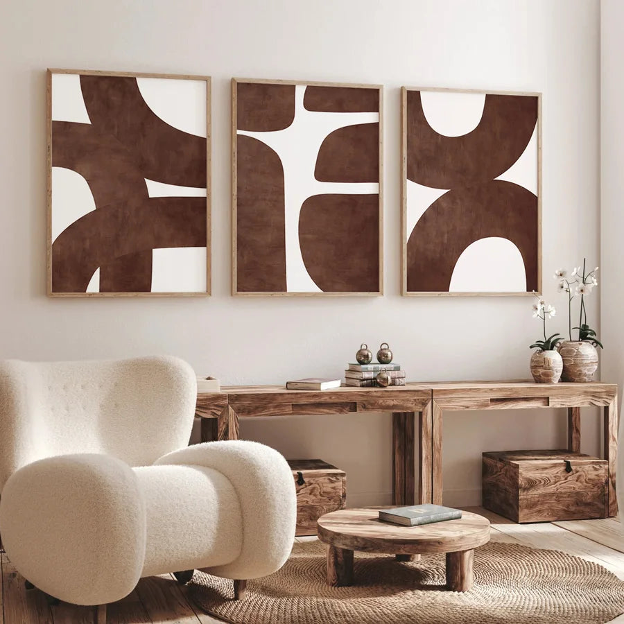 Kit 3 Quadros Canvas Geométrico Abstrato Marrom — Boho Nórdico Sem Moldura