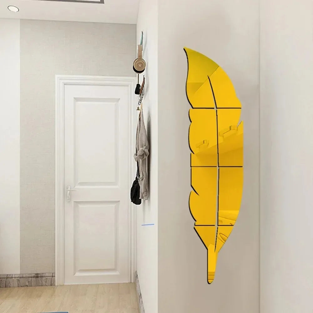 Adesivo de Parede 3D Penas Dançantes com Espelho — Decoração Elegante para Sala e Quarto