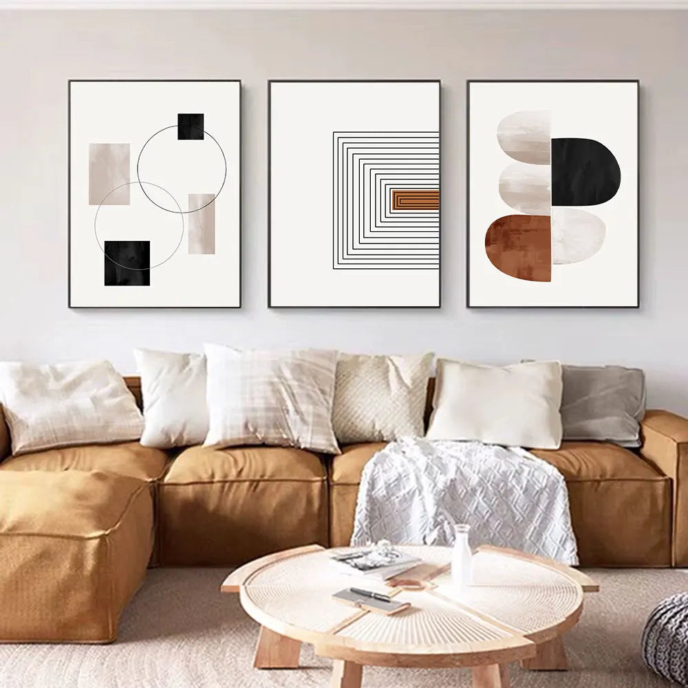 Kit 3 Quadros Canvas Arte Geométrica Abstrata — Linhas Preto e Branco Nórdico