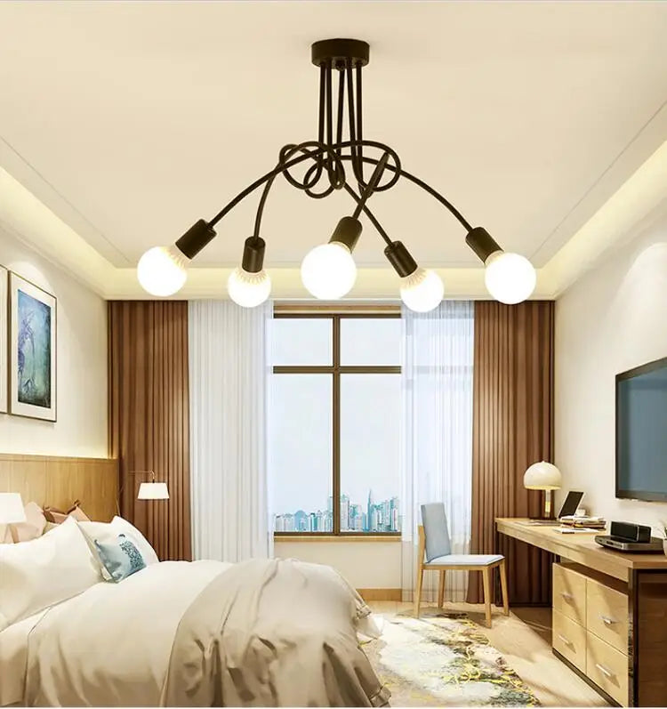 Lustre Retrô de Ferro Forjado LED — Luminária de Teto Preta e Branca para Sala