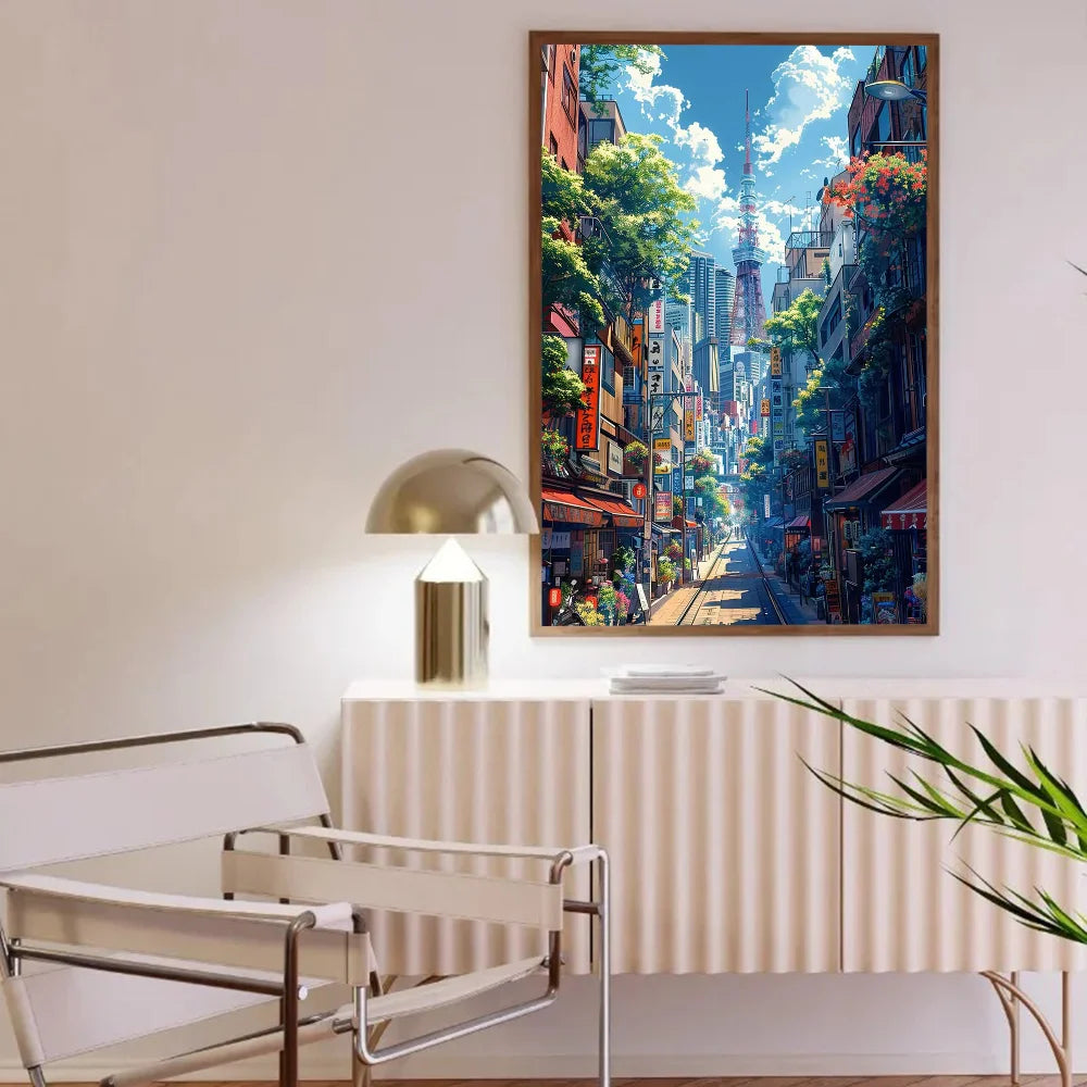Quadro Decorativo Rua Japonesa Estilo Mangá — Arte Noturna para Sala e Café