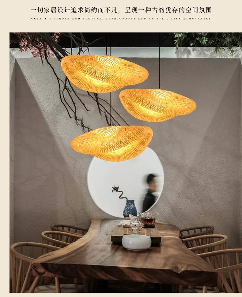 Pendente de Bambu Tecido a Mao — Luminaria Artesanal Boho