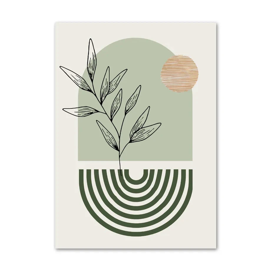 Quadro Decorativo Plantas Verde Sage Boho — Arte Geométrica Nórdica para Sala