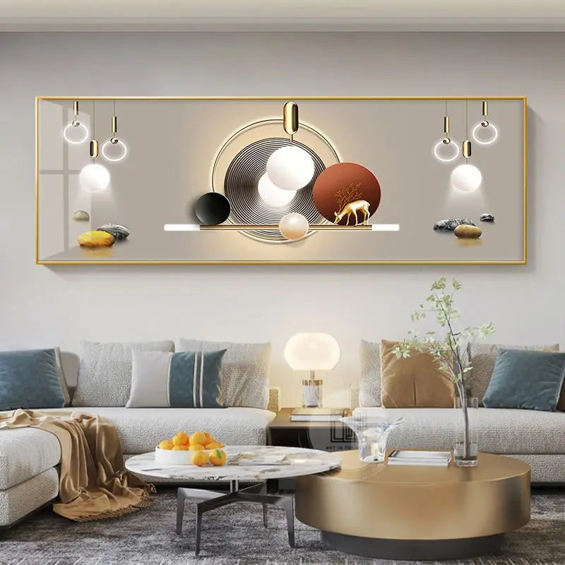 Quadro Decorativo Cervo Dourado Estilo Chinês — Arte Feng Shui para Sala sem Moldura