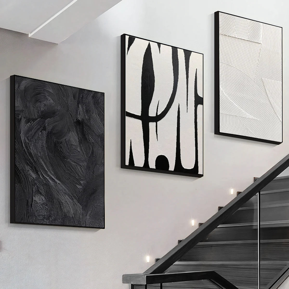 Kit 3 Quadros Abstratos Preto e Branco — Arte em Textura para Decoração