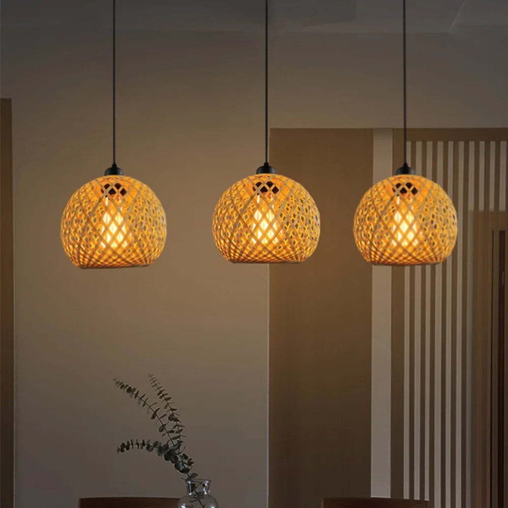 Pendente Bambu Rattan Natural — Luminaria Suspensa Artesanal