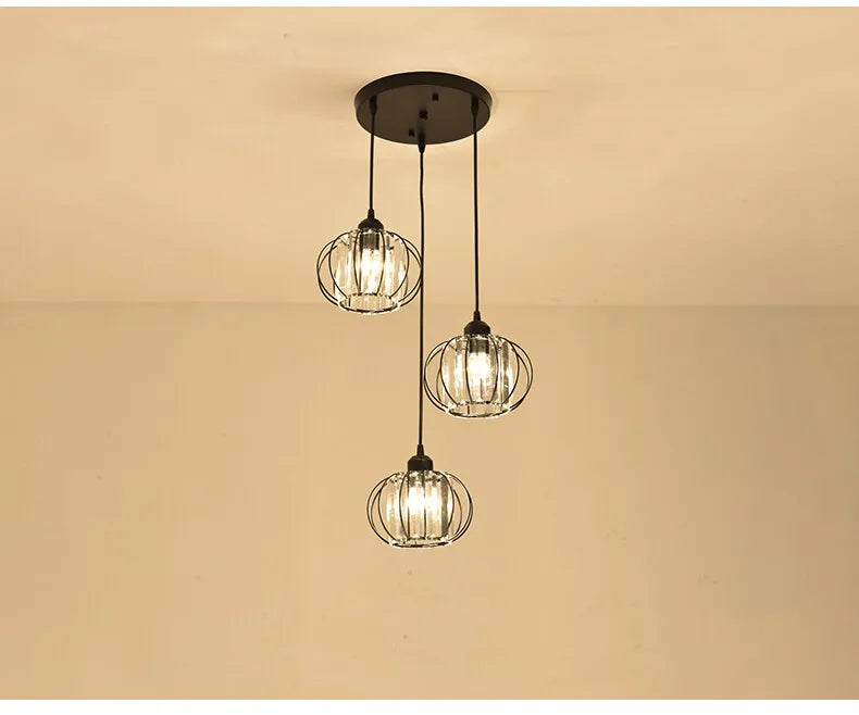 Lustre de Cristal LED Pendente — Luminária Nórdica Preta para Sala de Jantar