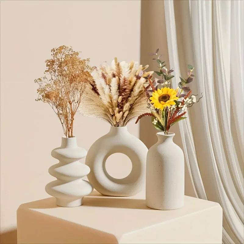 Kit 3 Vasos Cerâmica Boho Branco — Ornamentos Decorativos para Sala, Quarto e Casamento