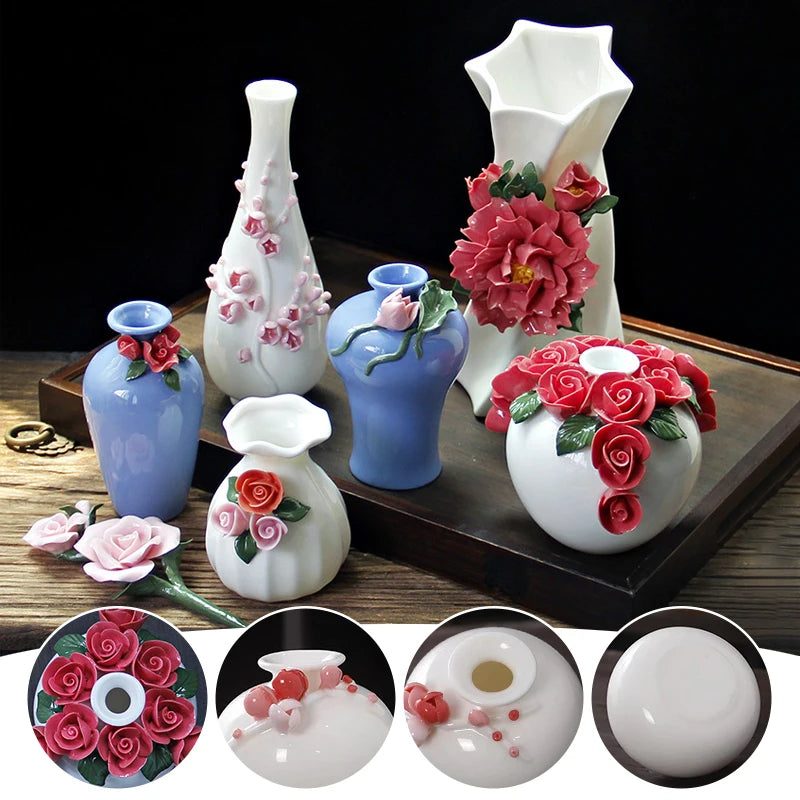 Vaso Decorativo de Cerâmica Pintado à Mão — Mini Vaso com Flores Secas para Mesa