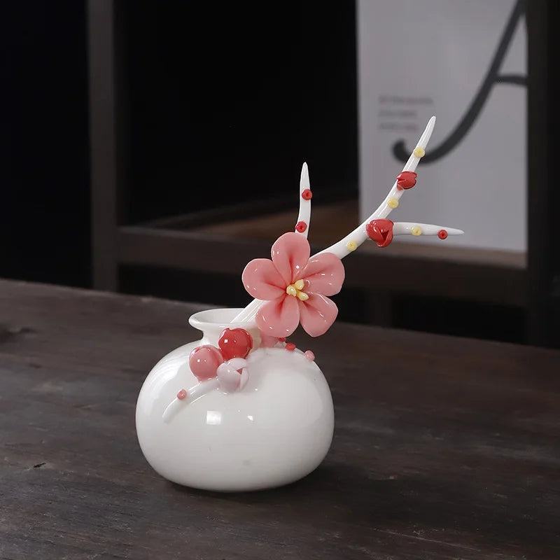 Vaso Decorativo de Cerâmica Pintado à Mão — Mini Vaso com Flores Secas para Mesa