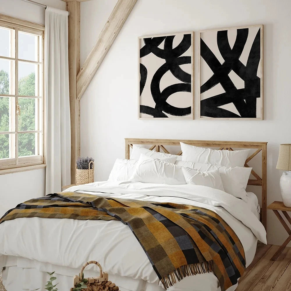 Quadro Decorativo Abstrato Linhas Bege e Preto — Arte Minimalista para Sala