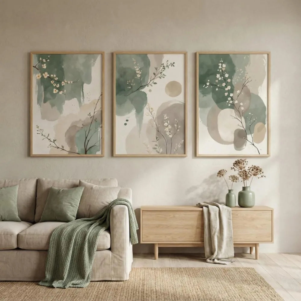 Kit 3 Quadros Japanese Plants — Arte Aquarela Verde Sage e Bege Estilo Zen Sem Moldura