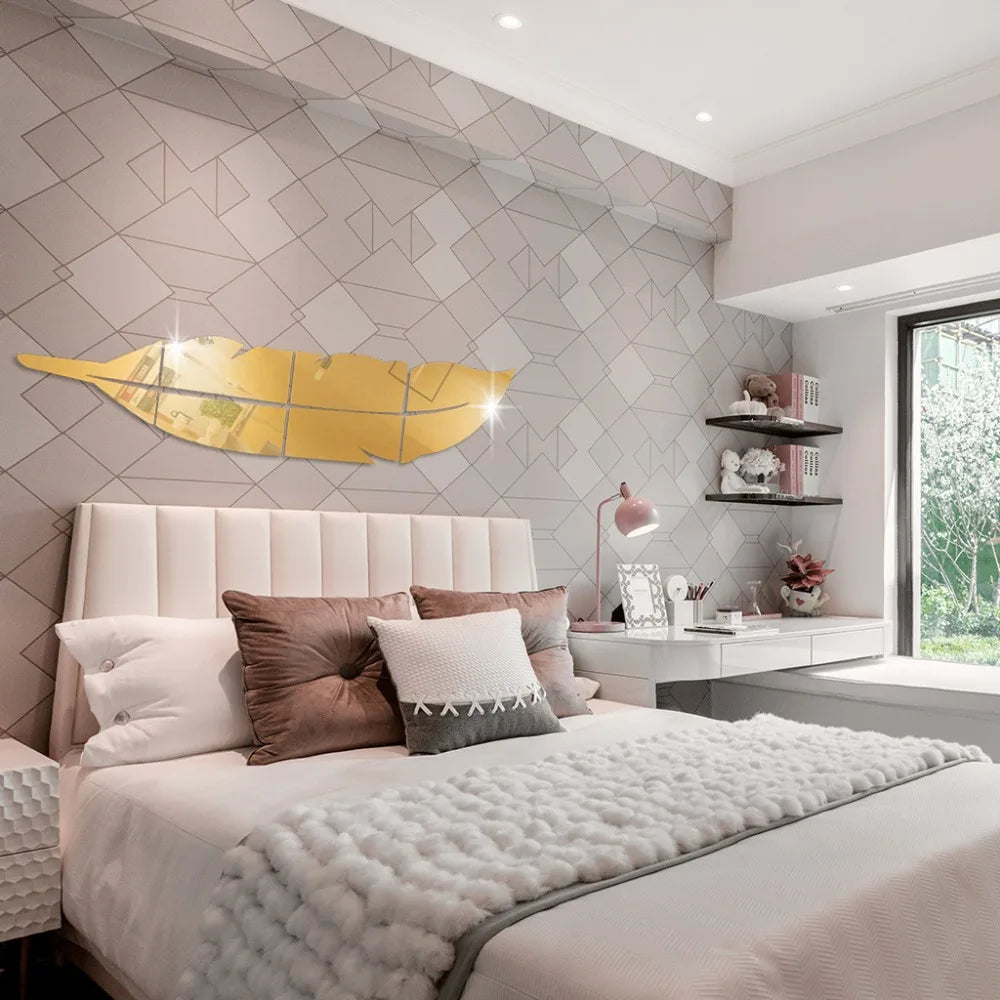 Adesivo de Parede 3D Penas Dançantes com Espelho — Decoração Elegante para Sala e Quarto