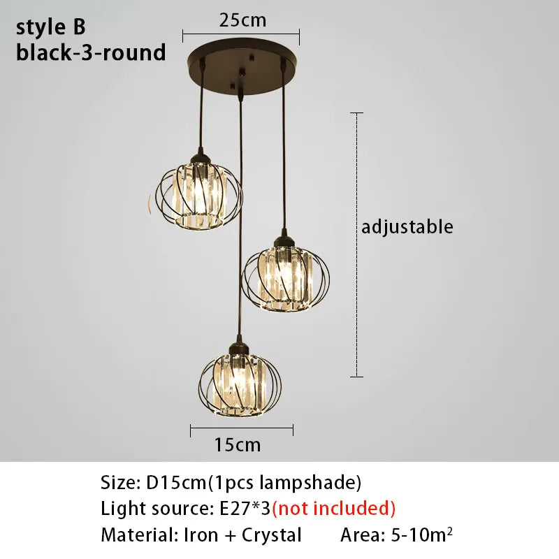 Lustre de Cristal LED Pendente — Luminária Nórdica Preta para Sala de Jantar