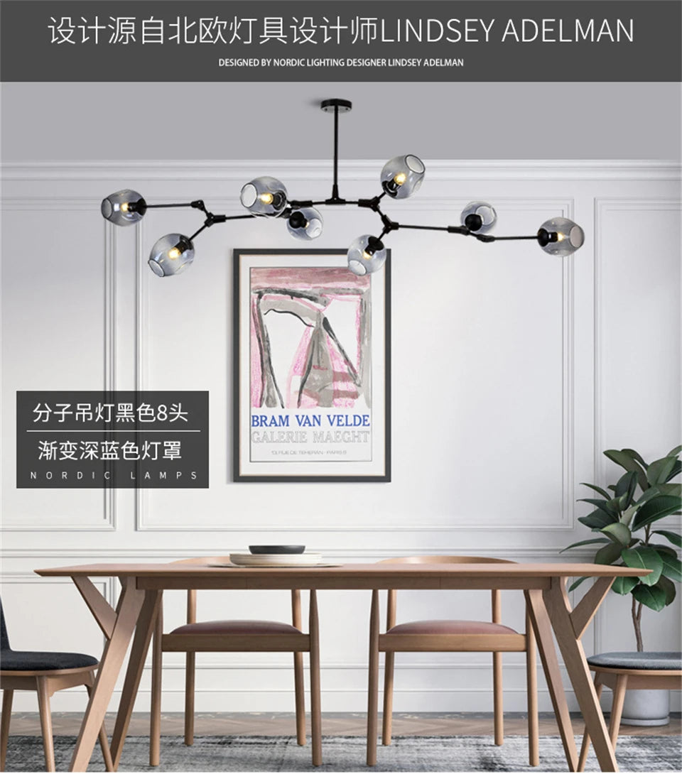 Lustre de Vidro Nórdico Molecular LED — Pendente Moderno para Sala e Cozinha
