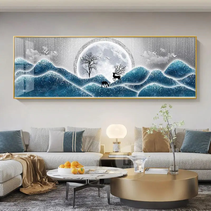 Quadro Decorativo Cervo Dourado Estilo Chinês — Arte Feng Shui para Sala sem Moldura