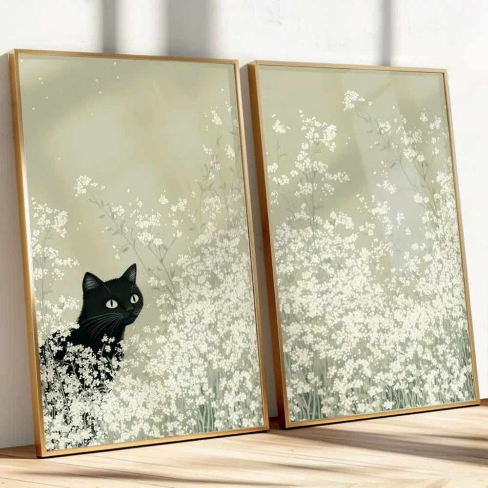Kit 2 Quadros Gatos no Campo de Flores — Arte Verde Sage Primavera Boho para Sala