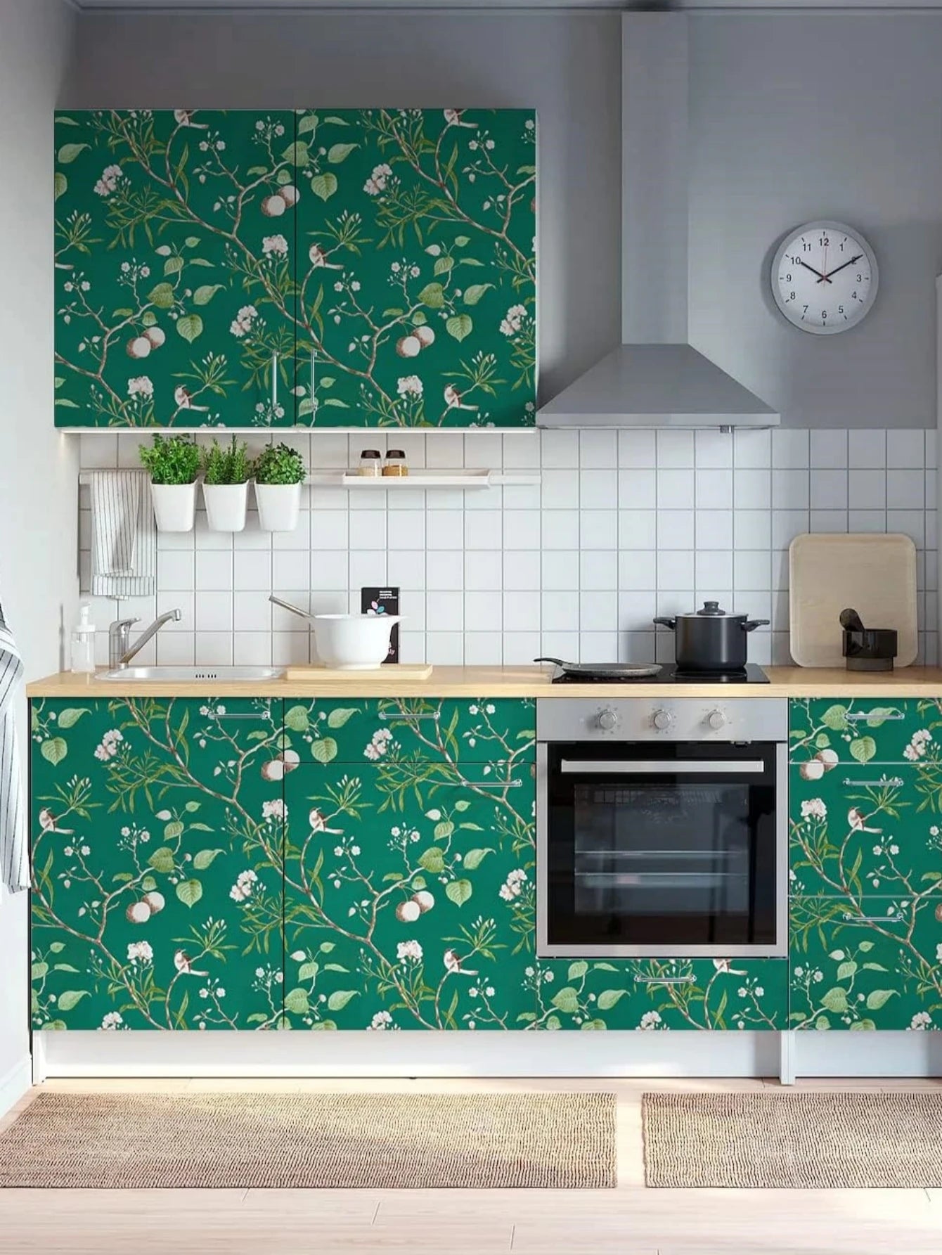 Papel de Parede Floral Verde Autocolante Removível — Impermeável para Quarto e Sala