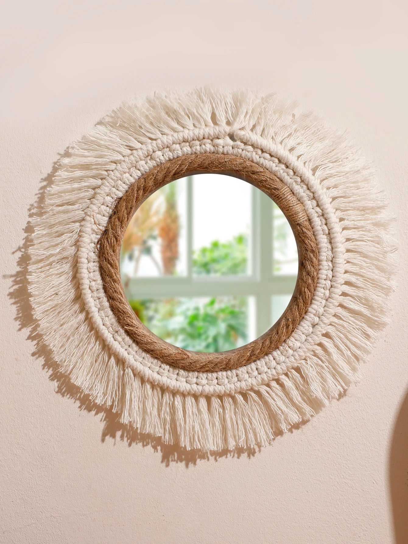 Espelho Decorativo Boho Tecido Trançado Redondo — Tapeçaria para Quarto e Sala