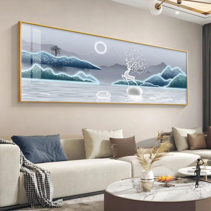 Quadro Decorativo Cervo Dourado Estilo Chinês — Arte Feng Shui para Sala sem Moldura