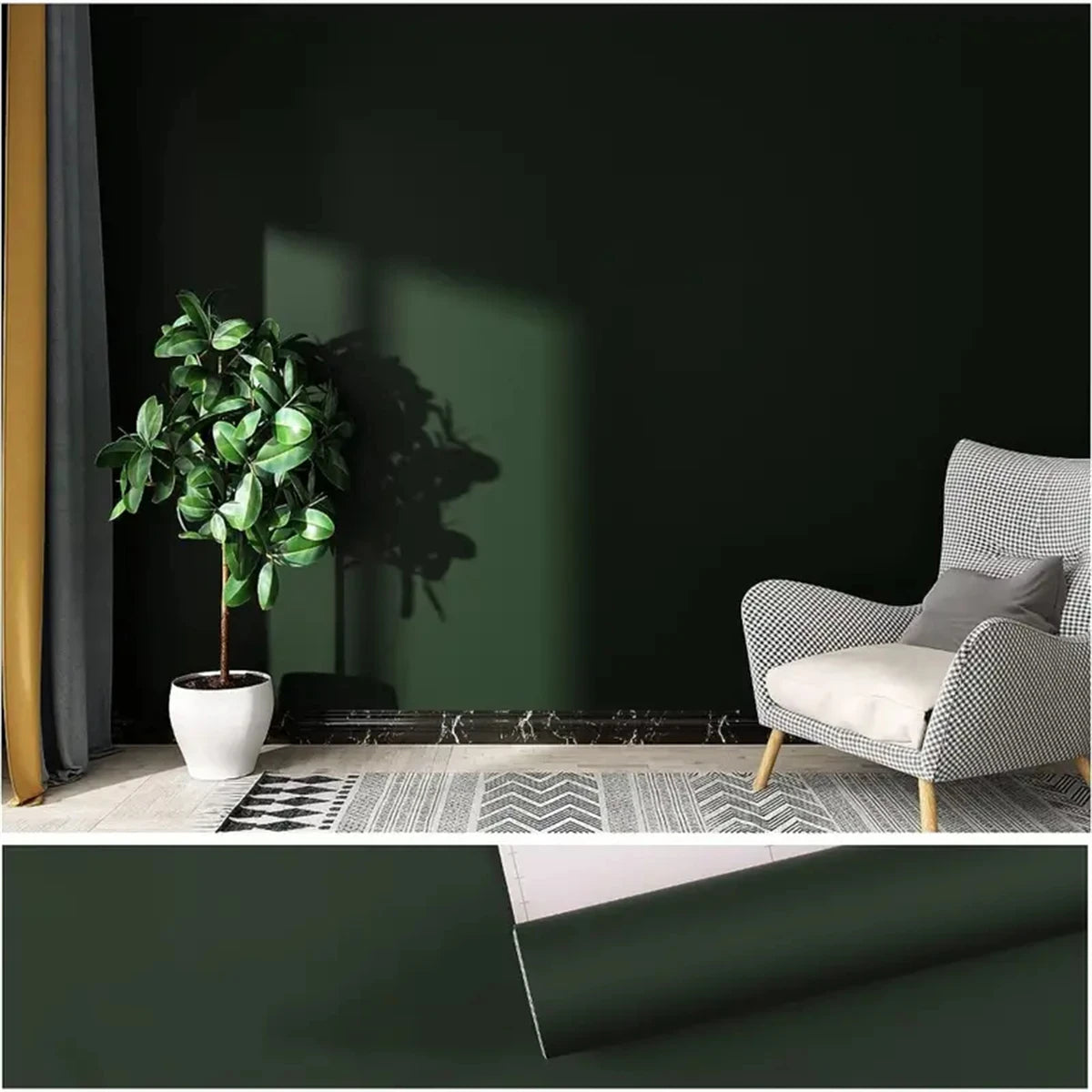 Papel de Parede PVC Autocolante Fosco Verde, Branco e Preto — Para Sala e Prateleiras