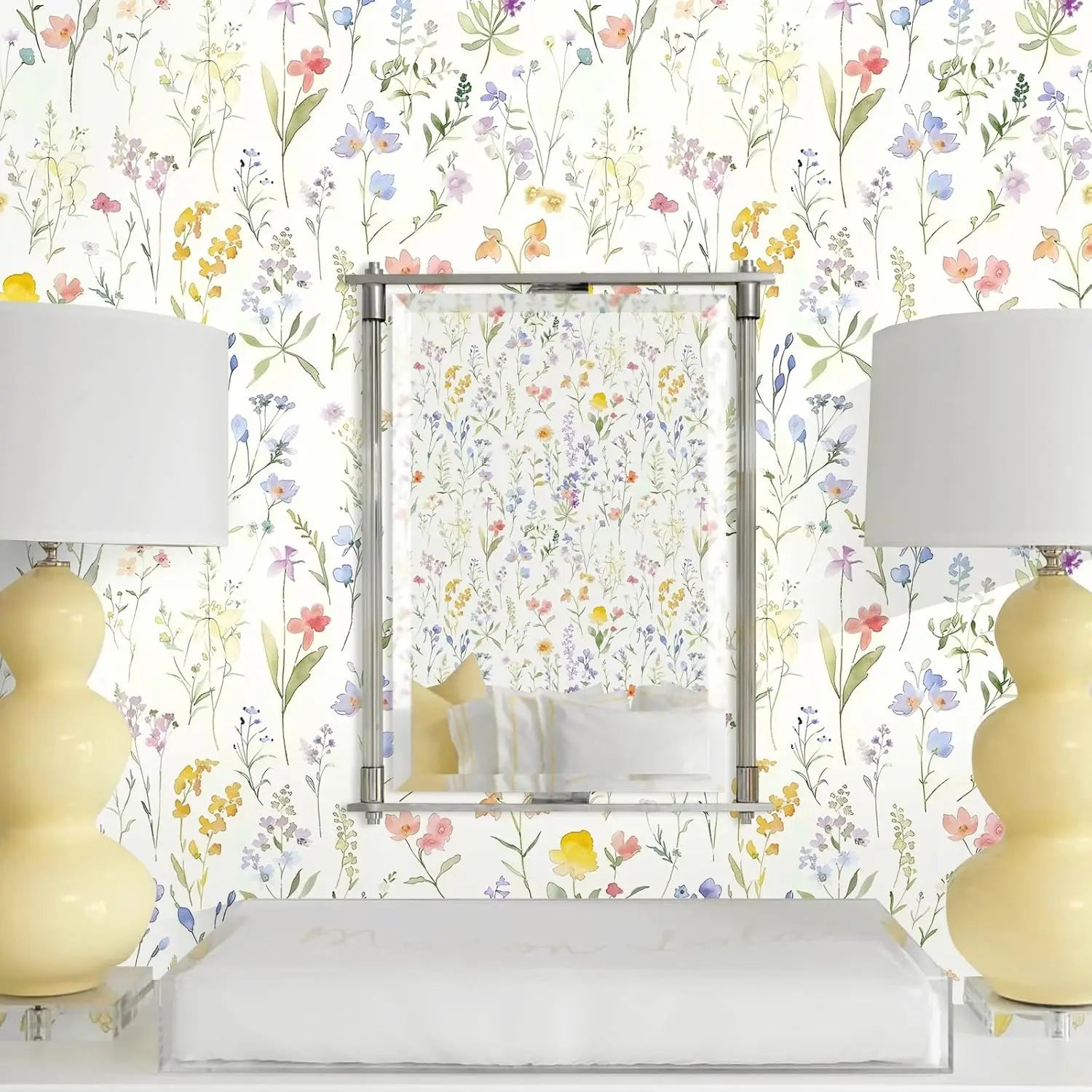 Papel de Parede Boho Floral com Folhas Removível Autocolante — Para Banheiro e Quarto