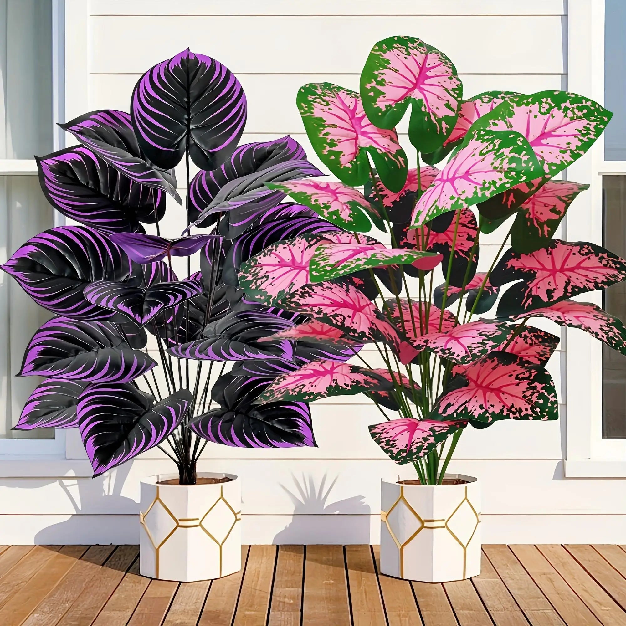 Plantas Artificiais Caladium Roxo e Rosa — Kit 2 Bonsai para Quarto e Escritório