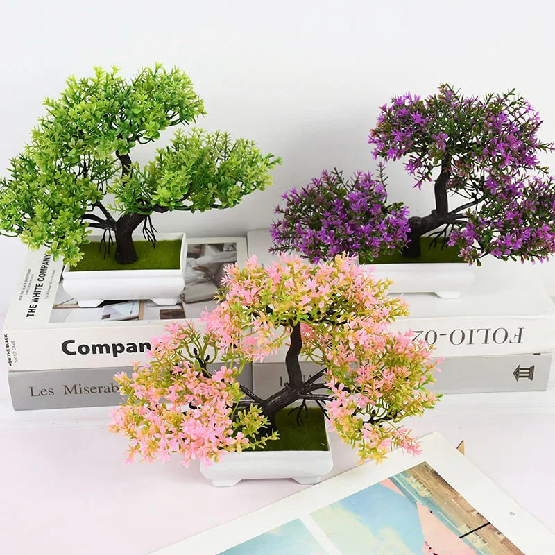 Bonsai Artificial com Vaso e Flores — Mini Árvore Decorativa para Mesa e Escritório