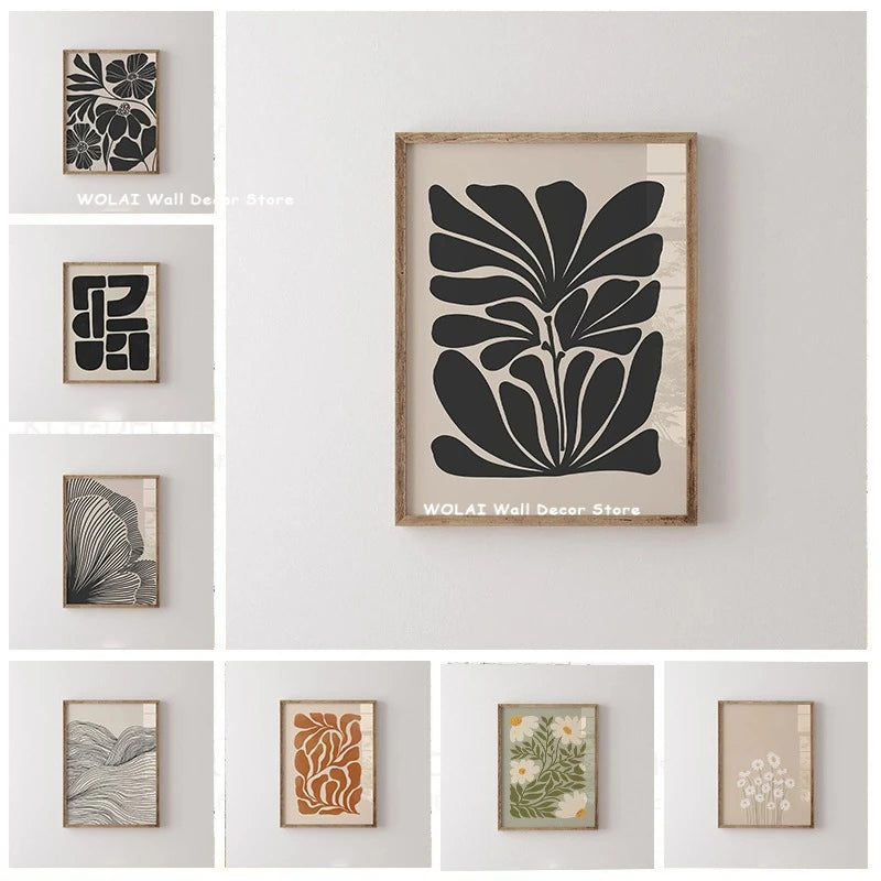 Quadro Decorativo Plantas Bege e Preto — Arte Floral Minimalista para Sala