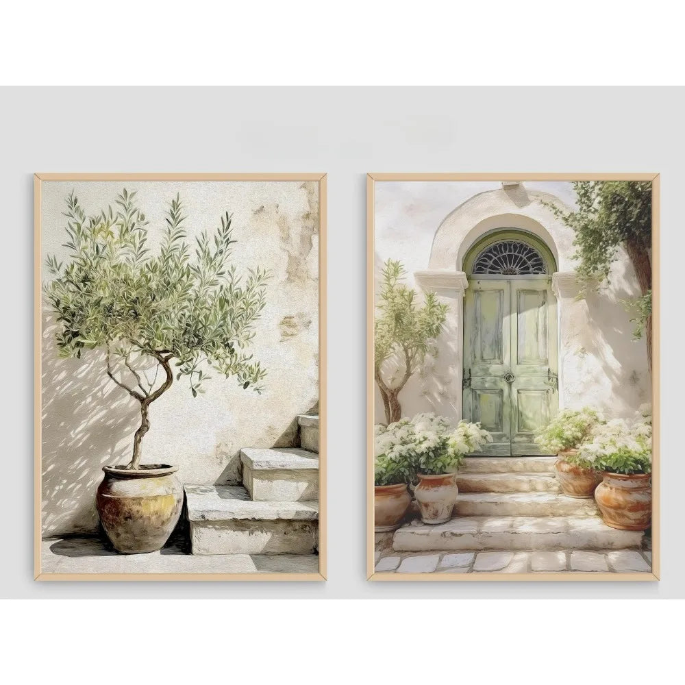 Kit 2 Quadros Oliveira Mediterrânea e Porta Italiana — Arte Boho Sem Moldura