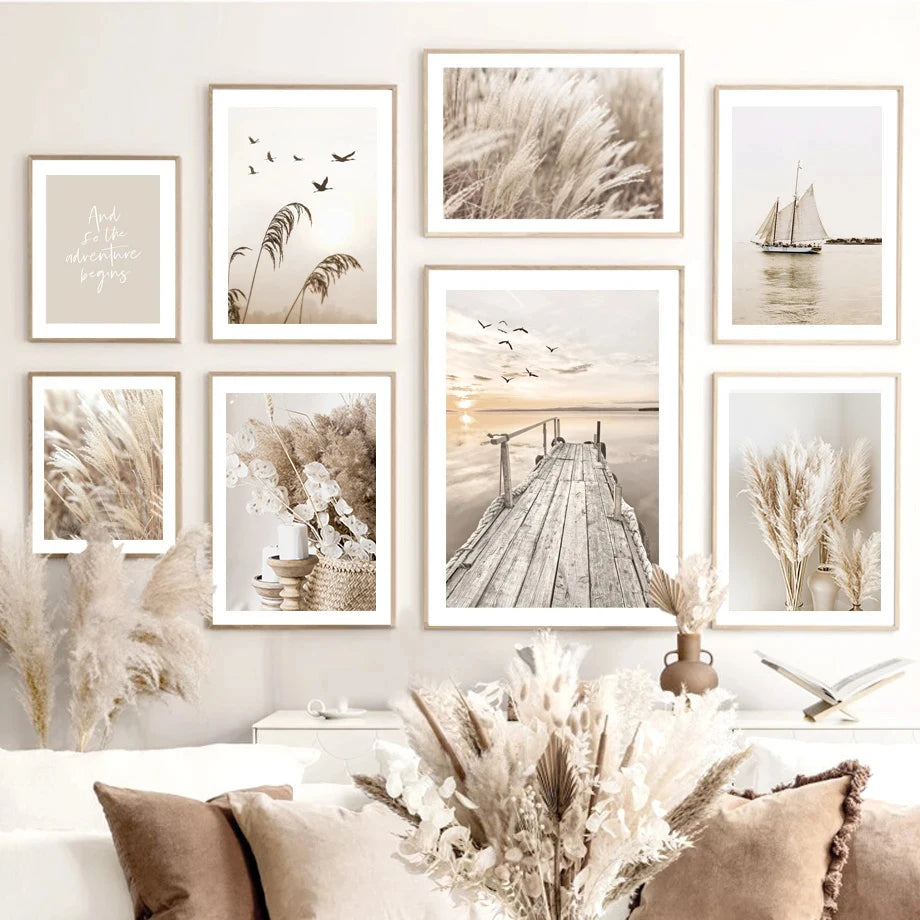 Quadro Decorativo Praia Boho Bege — Arte de Paisagem Nórdica para Sala
